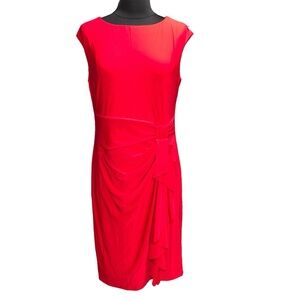 NEW Carmen Marc Valvo Red Sleeveless Shirred Ruffle Waist Jersey Knit Dress M